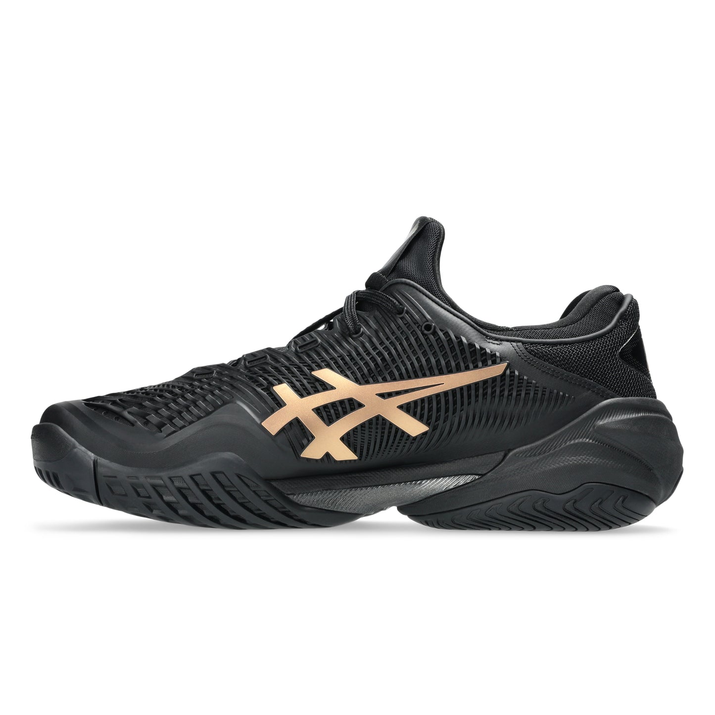 Black and beige tennis shoe on a white background
