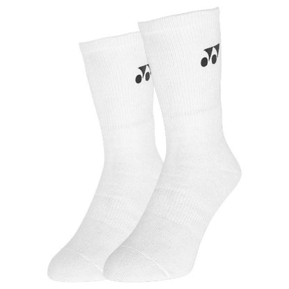Two white Yonex socks with a black logo on a white background