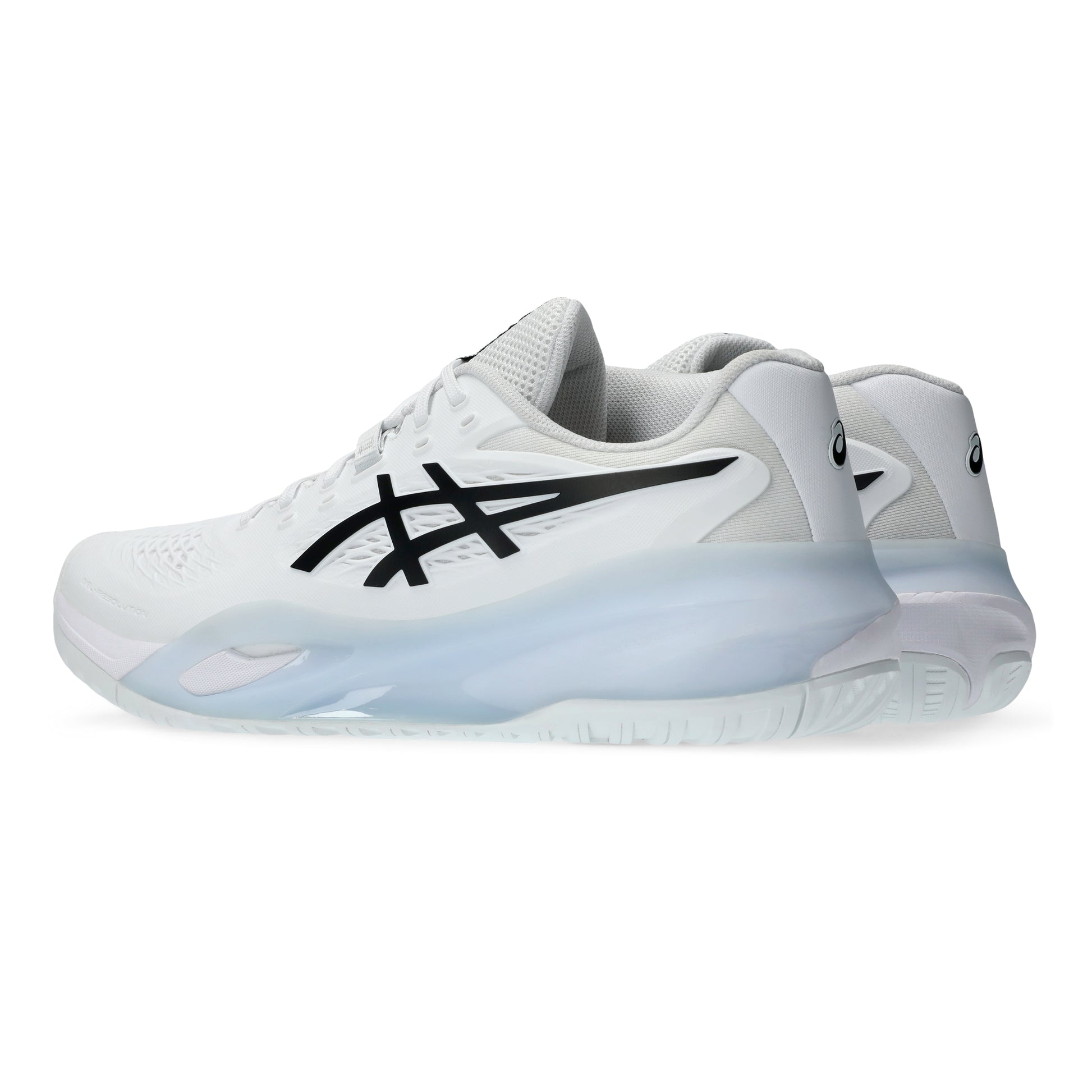 White tennis shoe with black logo on a white background