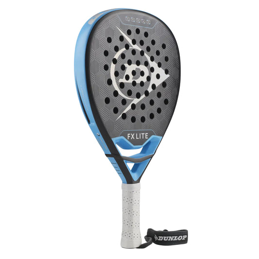 Dunlop Padel racket with blue and gray design on a white background