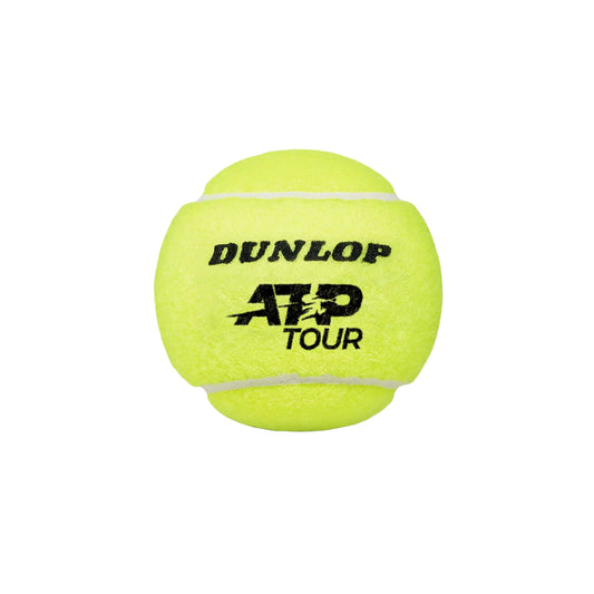 Yellow tennis ball with Dunlop and ATP Tour branding on a white background