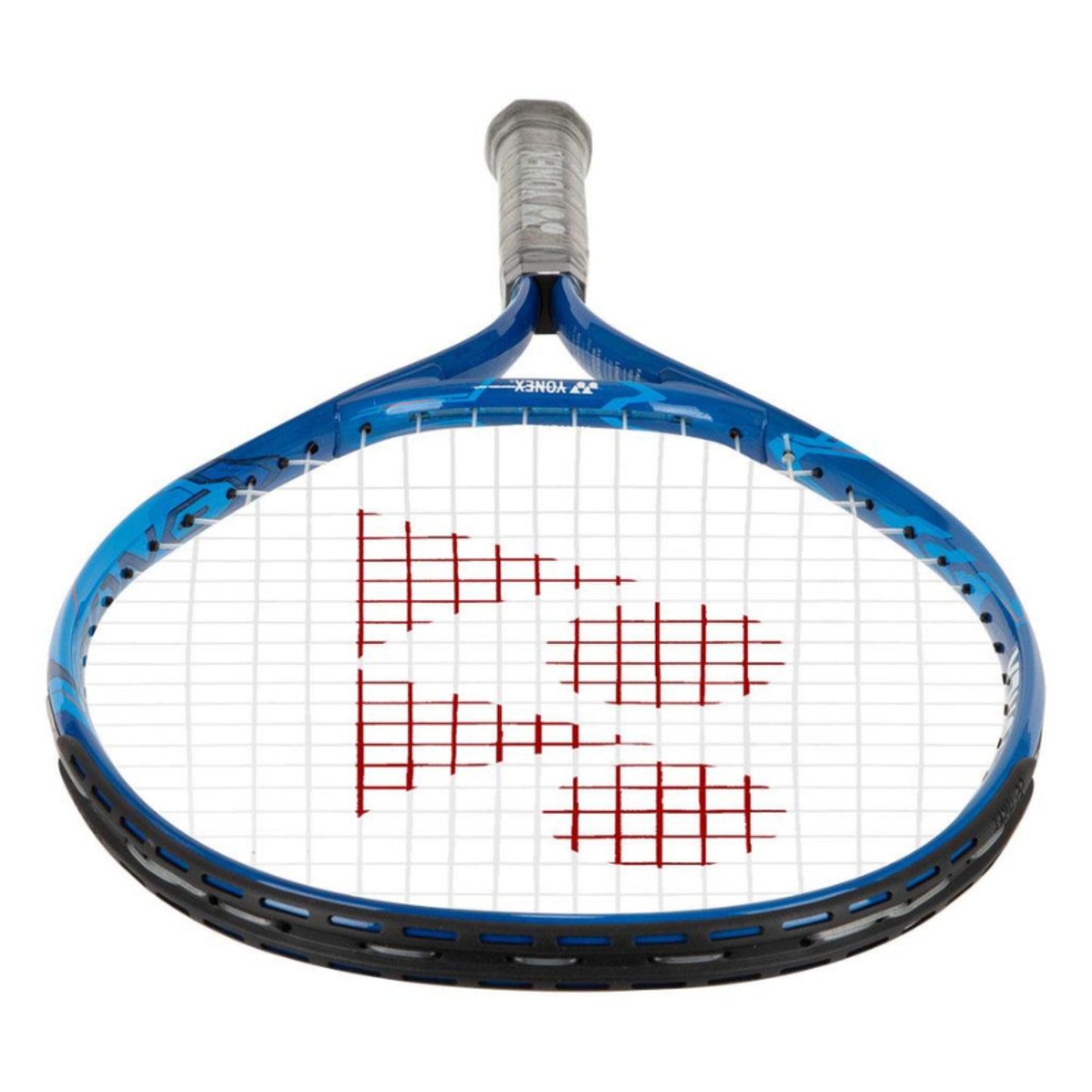Blue yonex kids racket with logo on the curve of the racket 