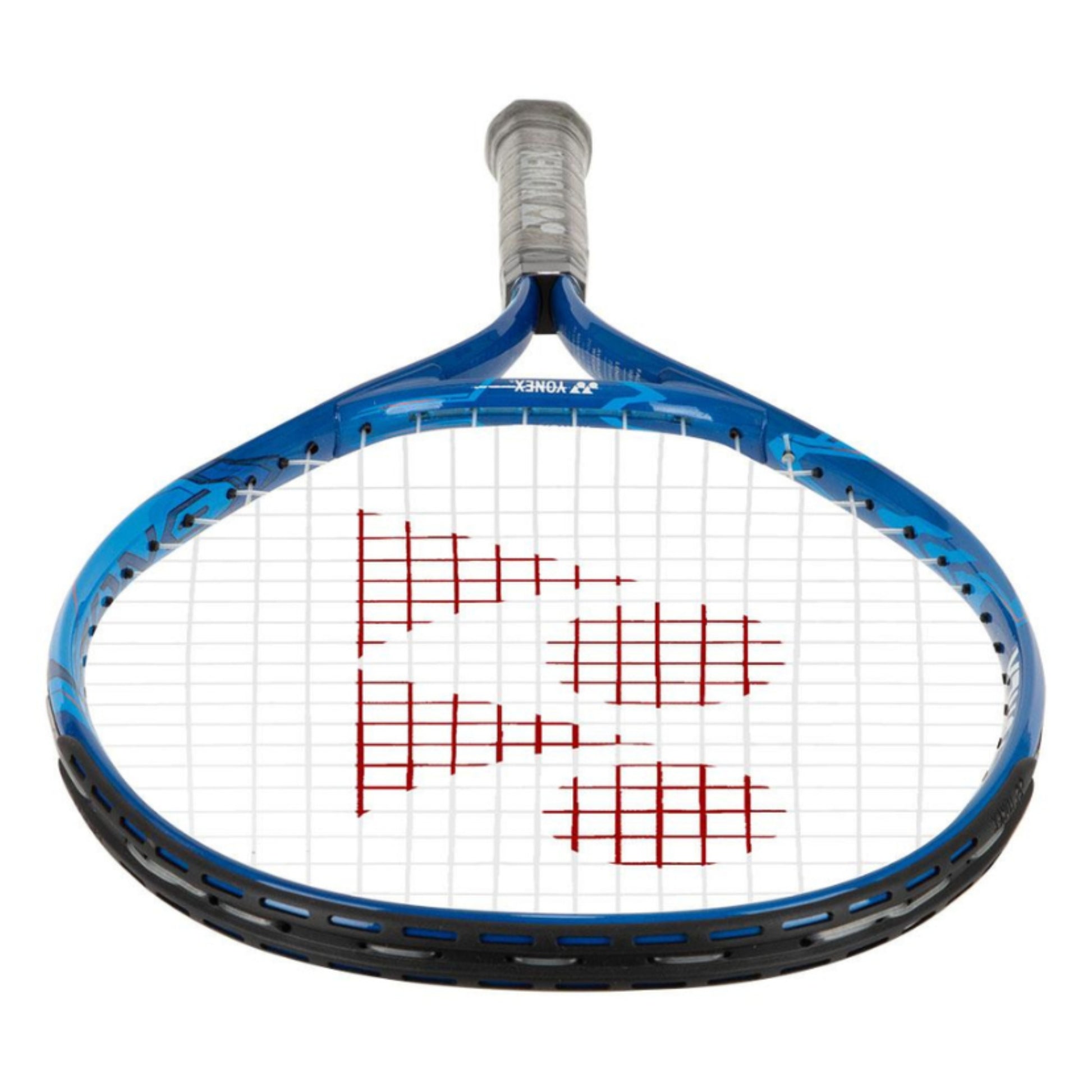 Blue yonex kids racket with logo on the curve of the racket 