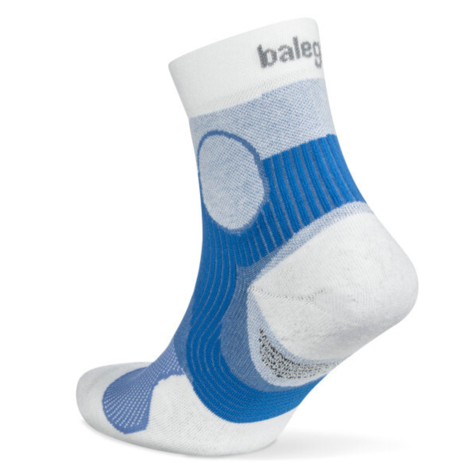 Blue and white sock with 'balega' branding on a white background