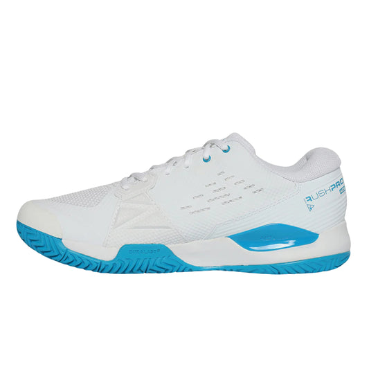 White and blue Wilson tennis shoe with wording Rushpro on a white background