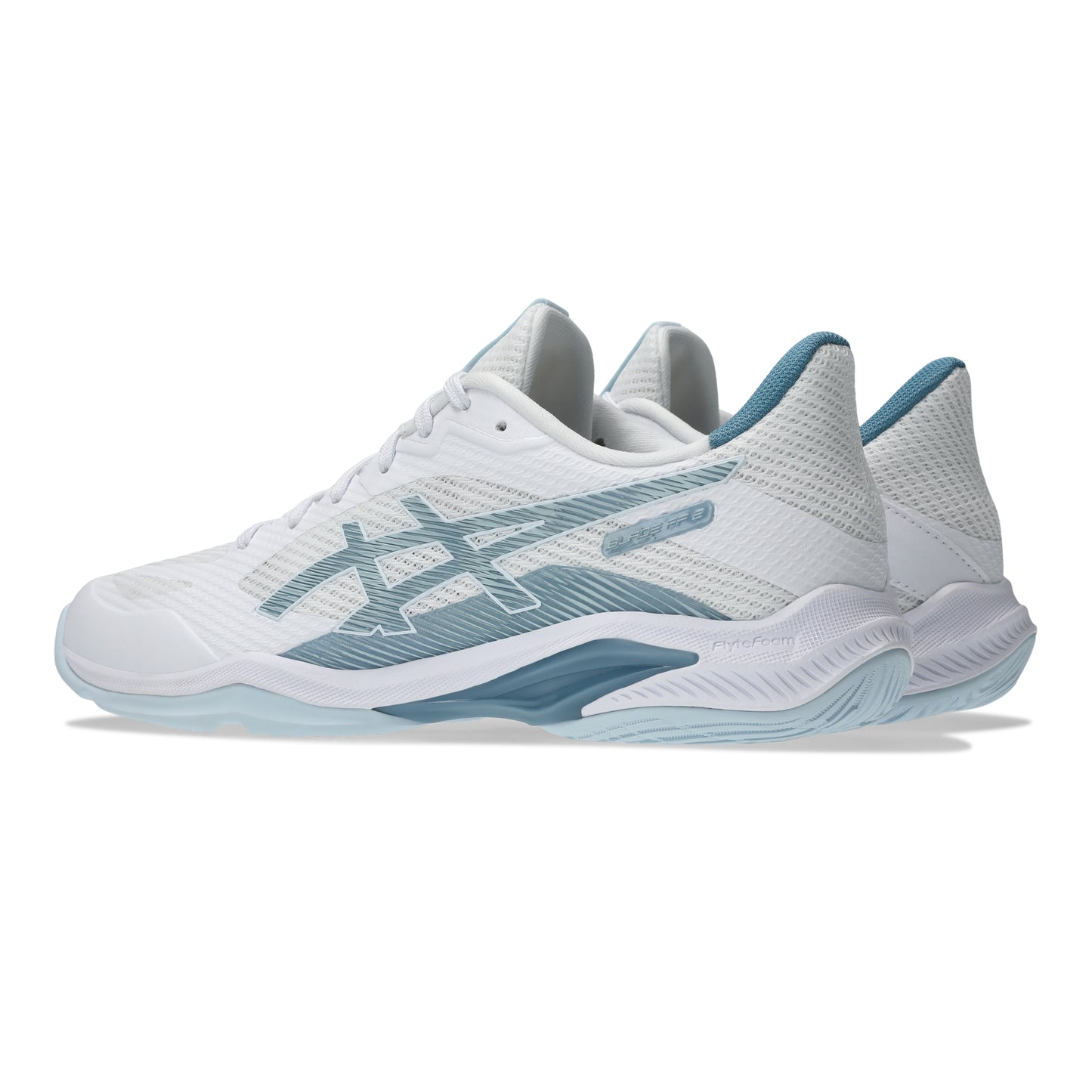 White and light blue squash shoes on a white background