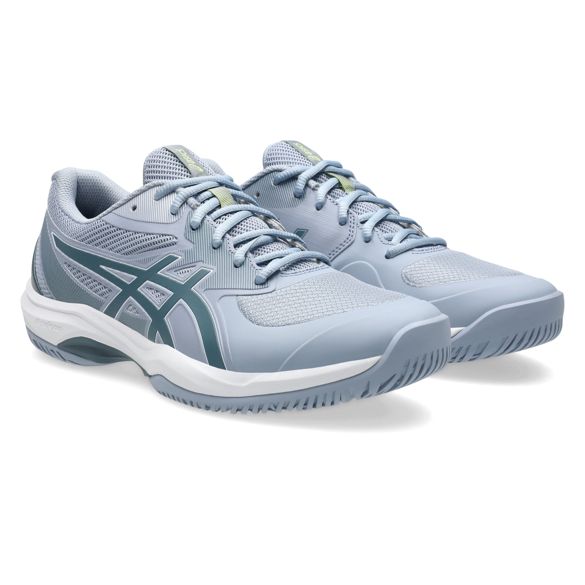 Pair of light gray tennis shoes on a white background