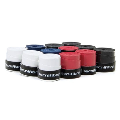 Assorted Tecnifibre tennis racket grip bands on a white background