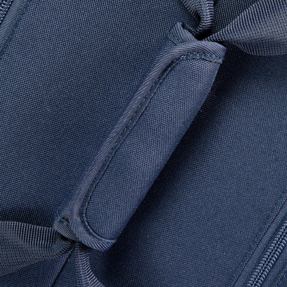 Close-up of a blue tennis bag with visible stitching details