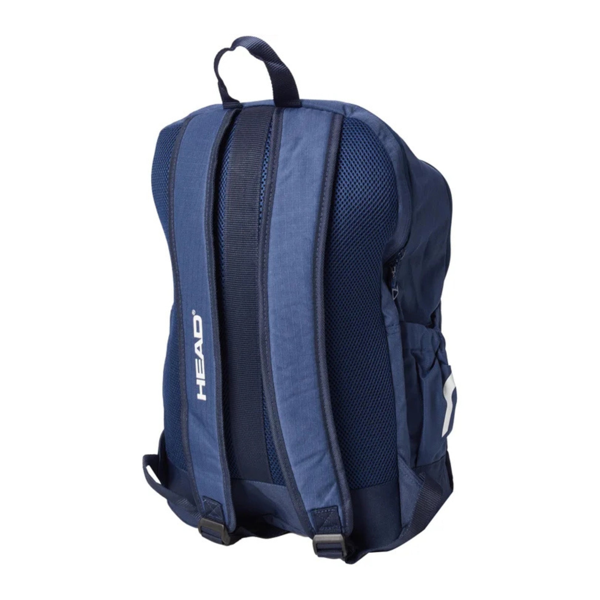 Navy blue backpack with visible branding on a white background