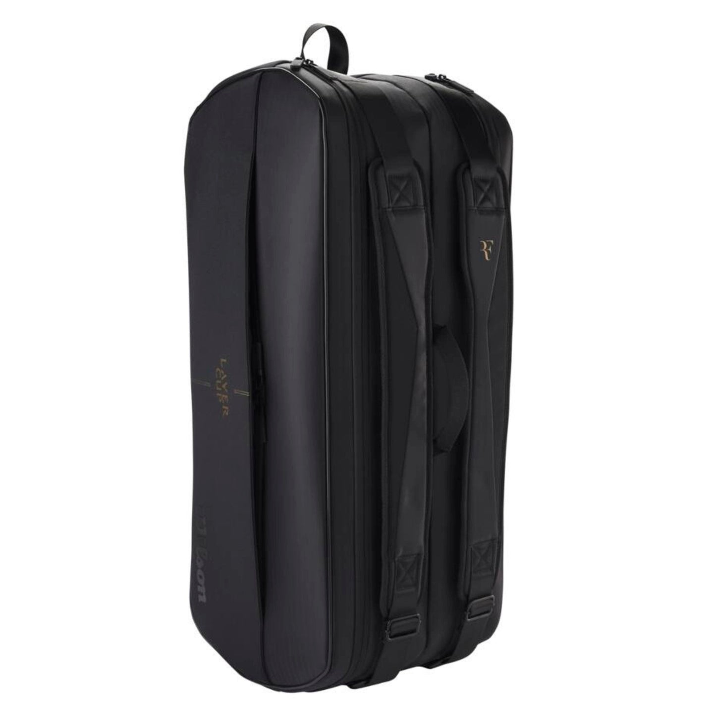 Black tennis bag with visible branding on a white background