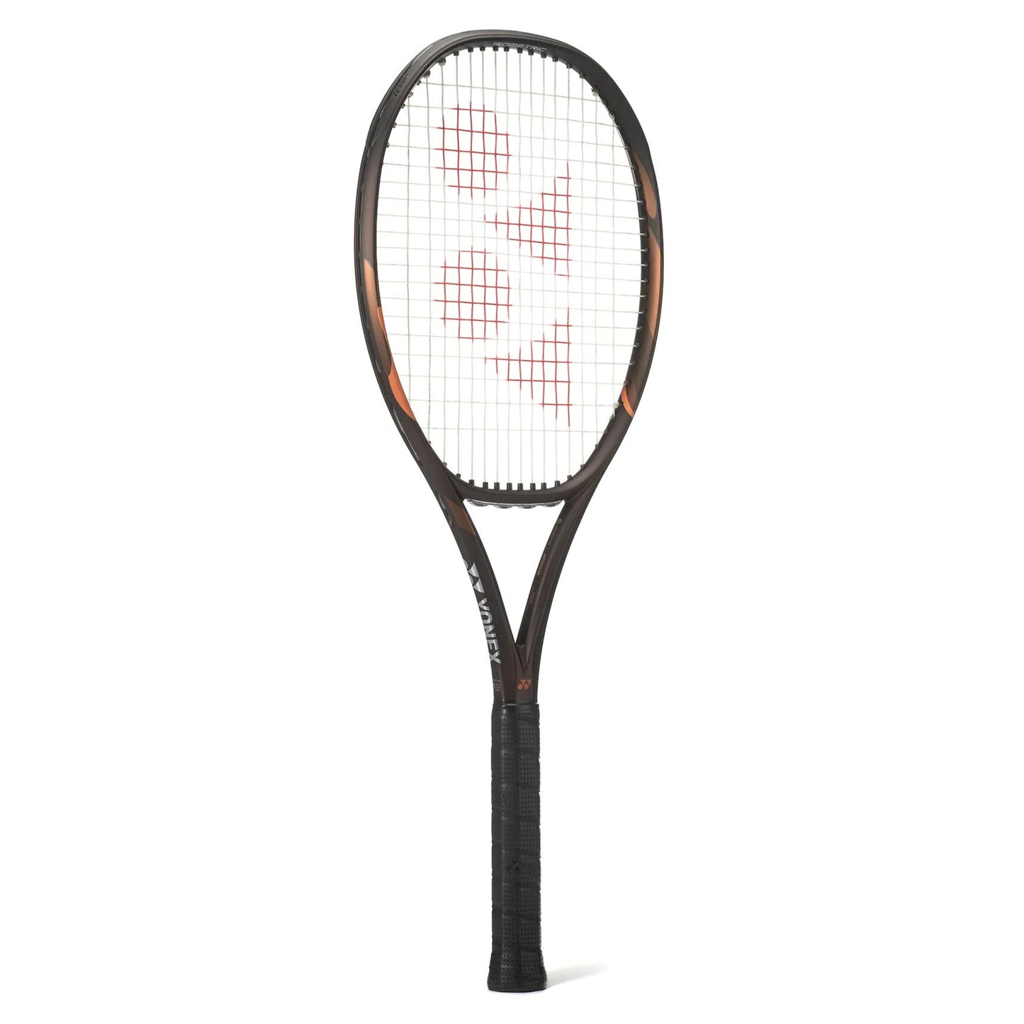 A Yonex tennis racket with a black frame, orange accents, and red Yonex logos on the strings, shown against a plain white background.