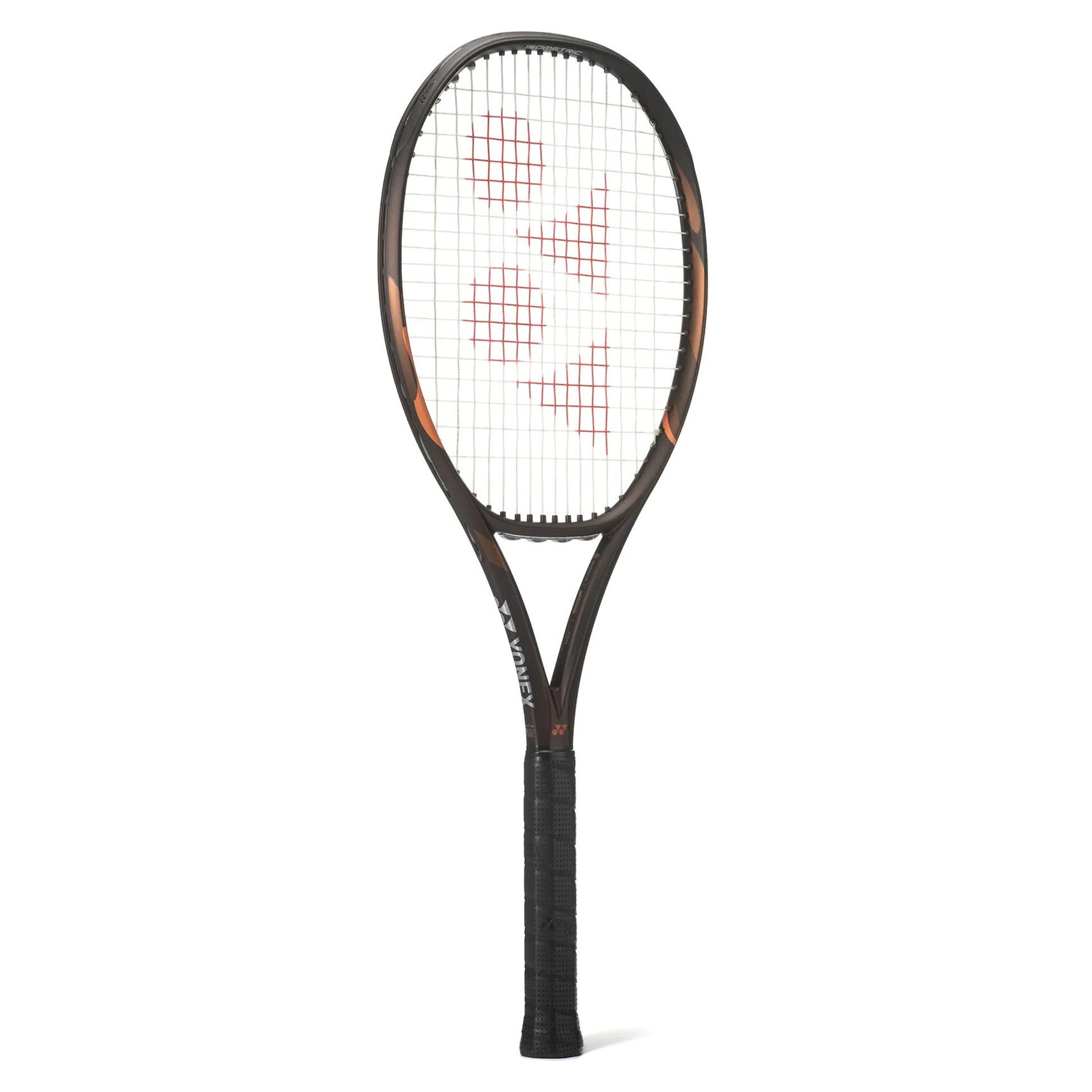 A Yonex tennis racket with a black frame, orange accents, and red Yonex logos on the strings, shown against a plain white background.