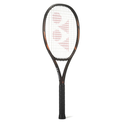 A Yonex tennis racket with a black frame, orange accents, and red Yonex logos on the strings, shown against a plain white background.