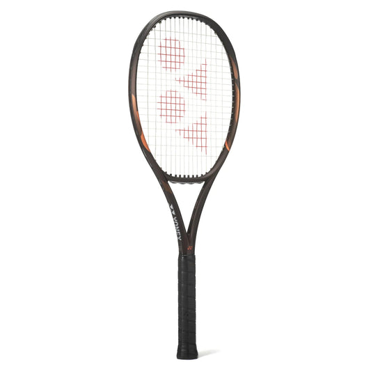 A Yonex tennis racket with a black frame, orange accents, and red Yonex logos on the strings, shown against a plain white background.