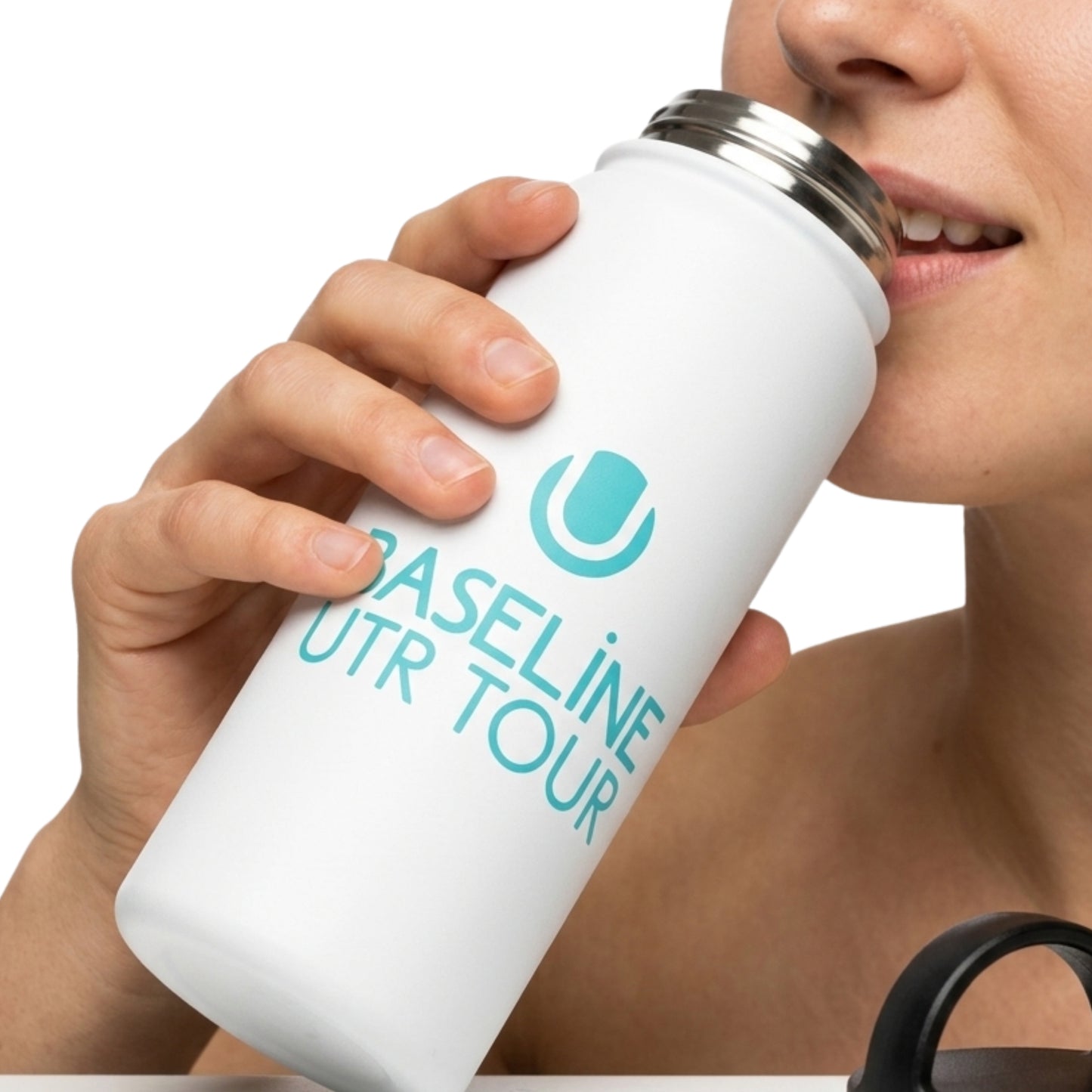 Person drinking out of a white water bottle 