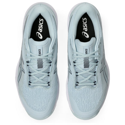 Pair of light blue Asics netball shoes on a white background