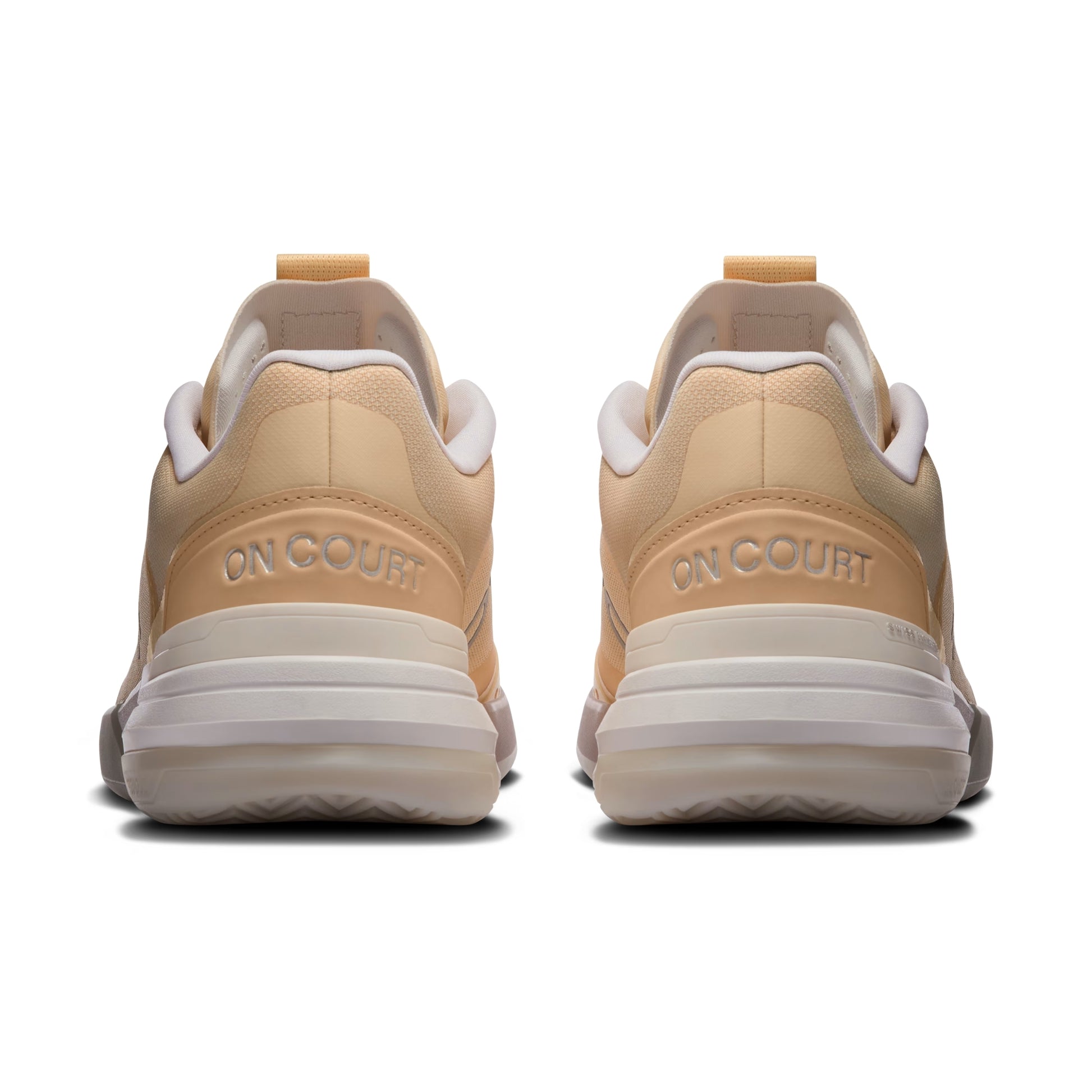 A pair of beige and white On shoe shown from the back, featuring the text 'ON COURT' embossed on the heel area.