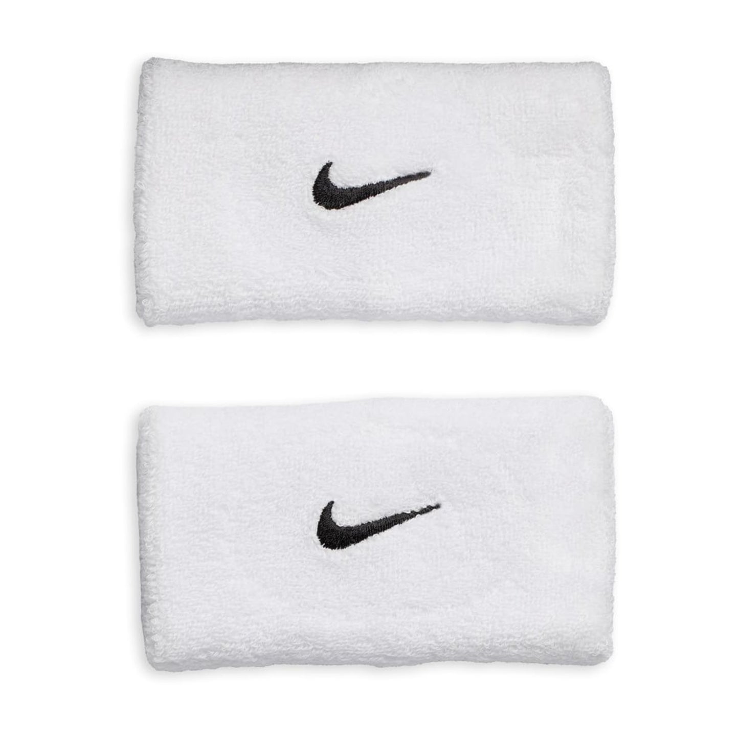 Two white wristbands with black Nike logos on a white background