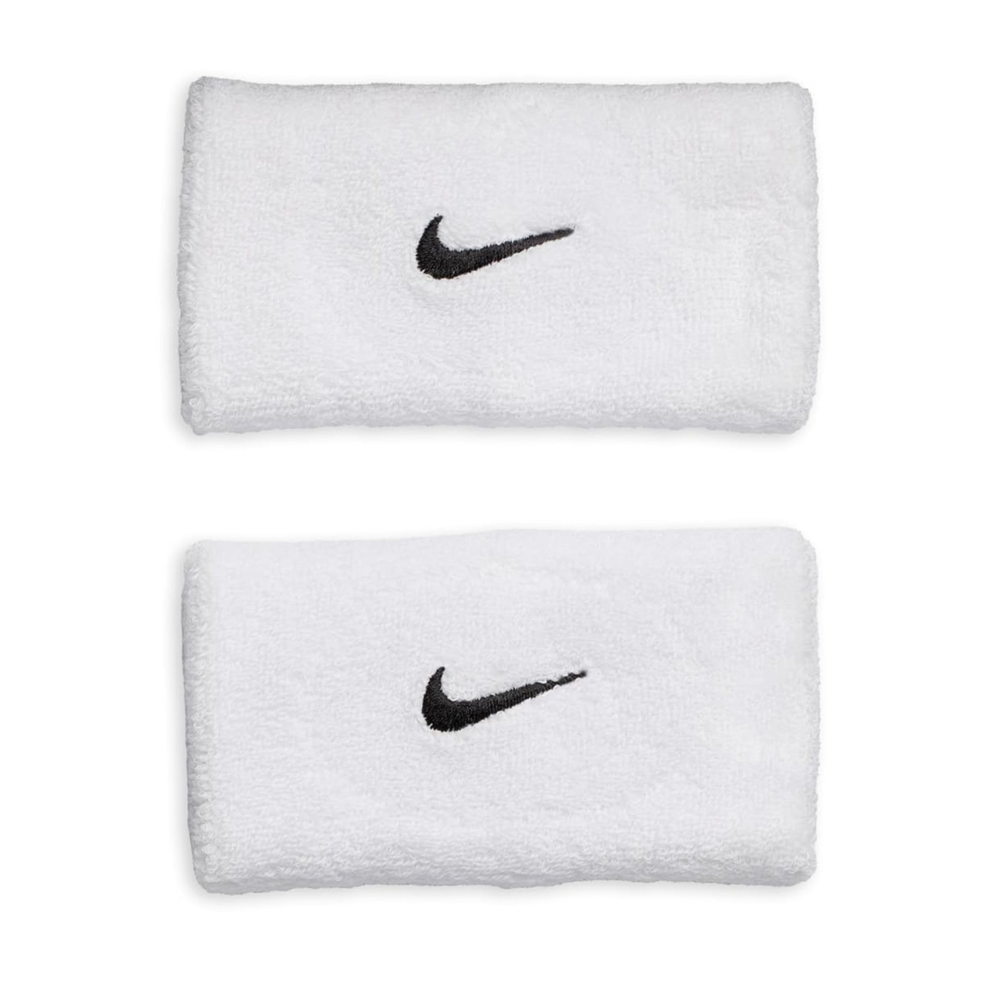 Two white wristbands with black Nike logos on a white background