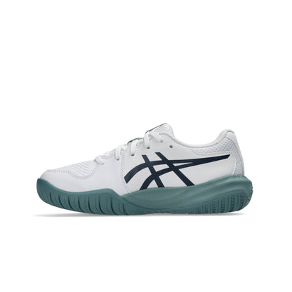 White, navy and green Asics tennis shoe on a white background