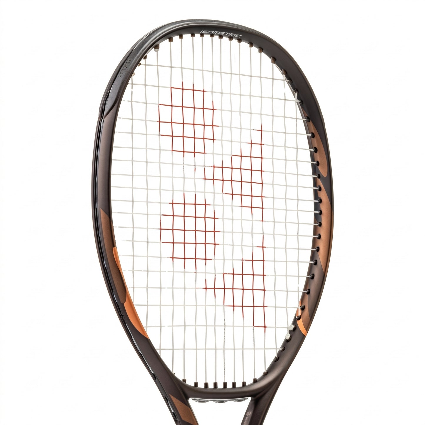 Close-up of a Yonex tennis racket head with white strings and red Yonex logo on the strings, set against a plain white background.