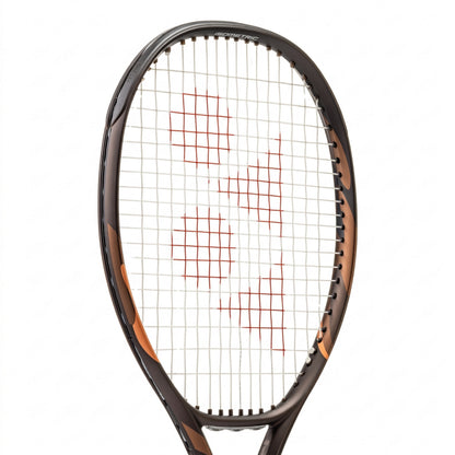 Close-up of a Yonex tennis racket head with white strings and red Yonex logo on the strings, set against a plain white background.