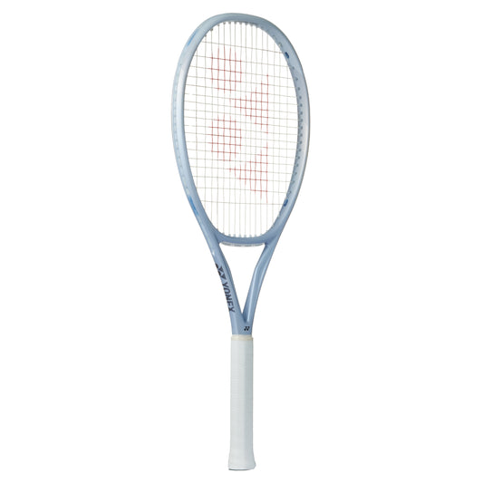 Gray Yonex tennis racket with a white background