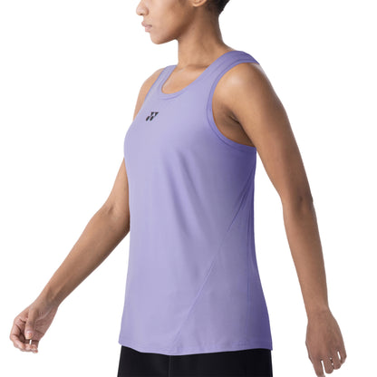 Person wearing a Yonex purple tank top with a brand logo on a white background