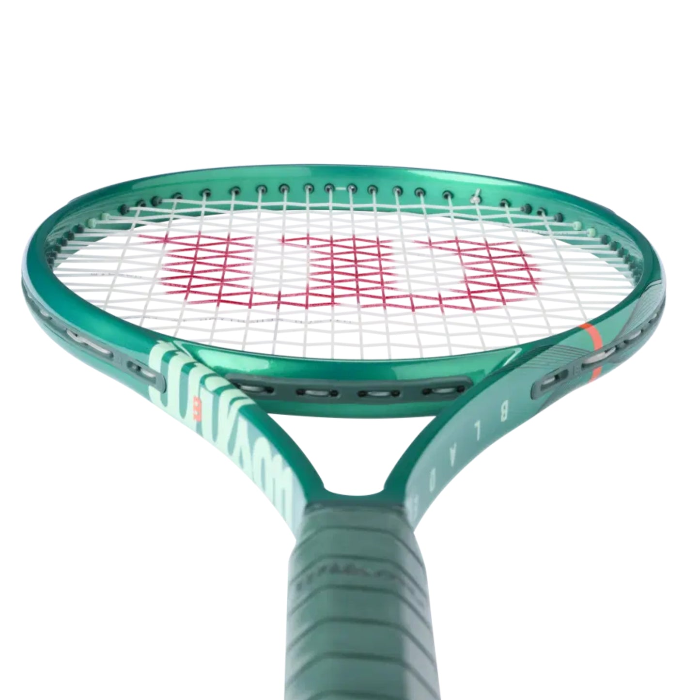 Green Wilson tennis racket with white strings on a white background