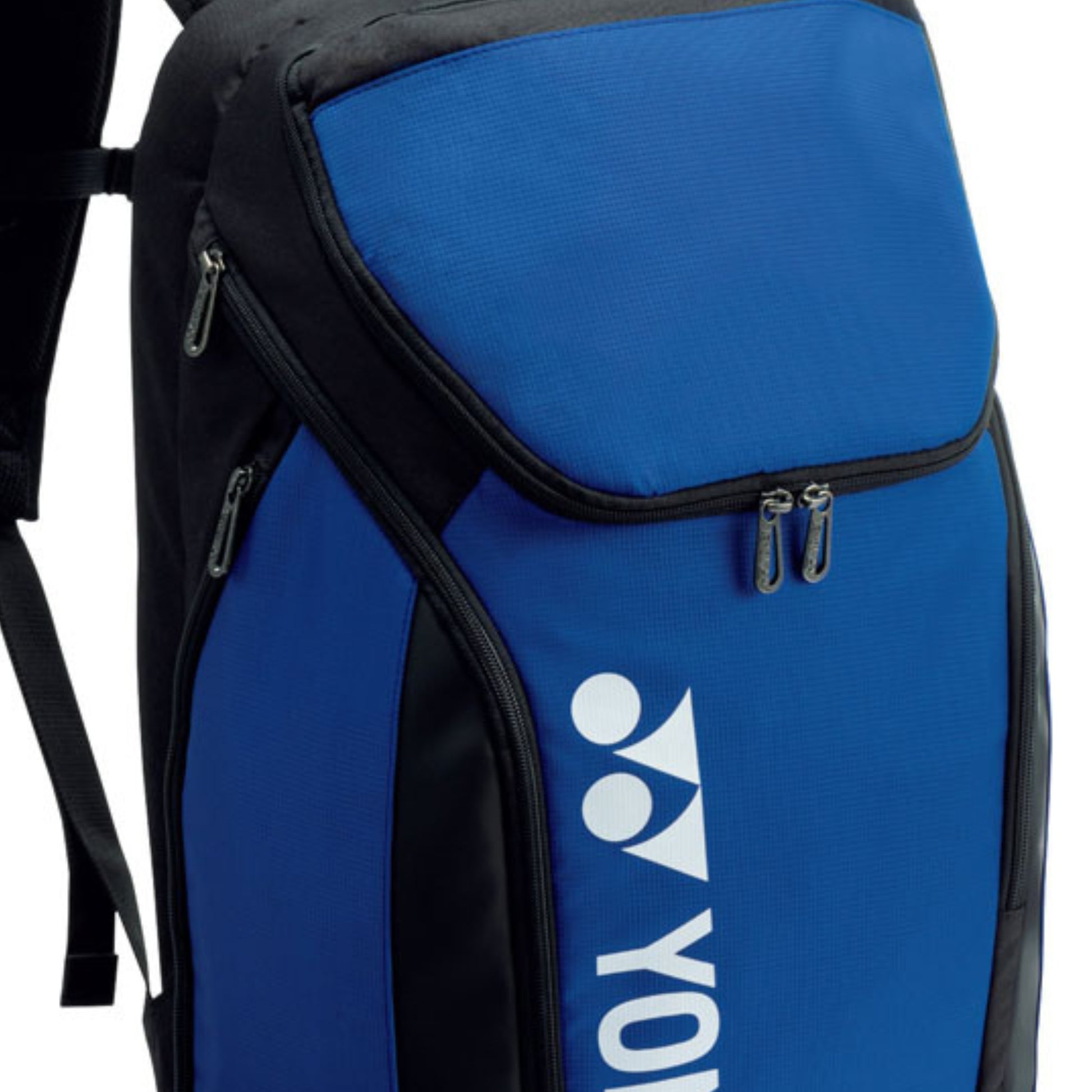 Blue backpack with black accents and a visible brand logo on a white background