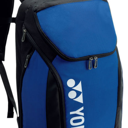 Blue backpack with black accents and a visible brand logo on a white background