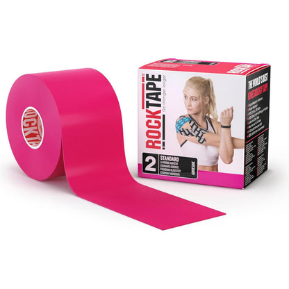 Pink kinesiology tape roll with RockTape packaging on a white background