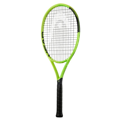 A Head tennis racket with a bright lime green frame and black grip handle, shown vertically against a plain white background.