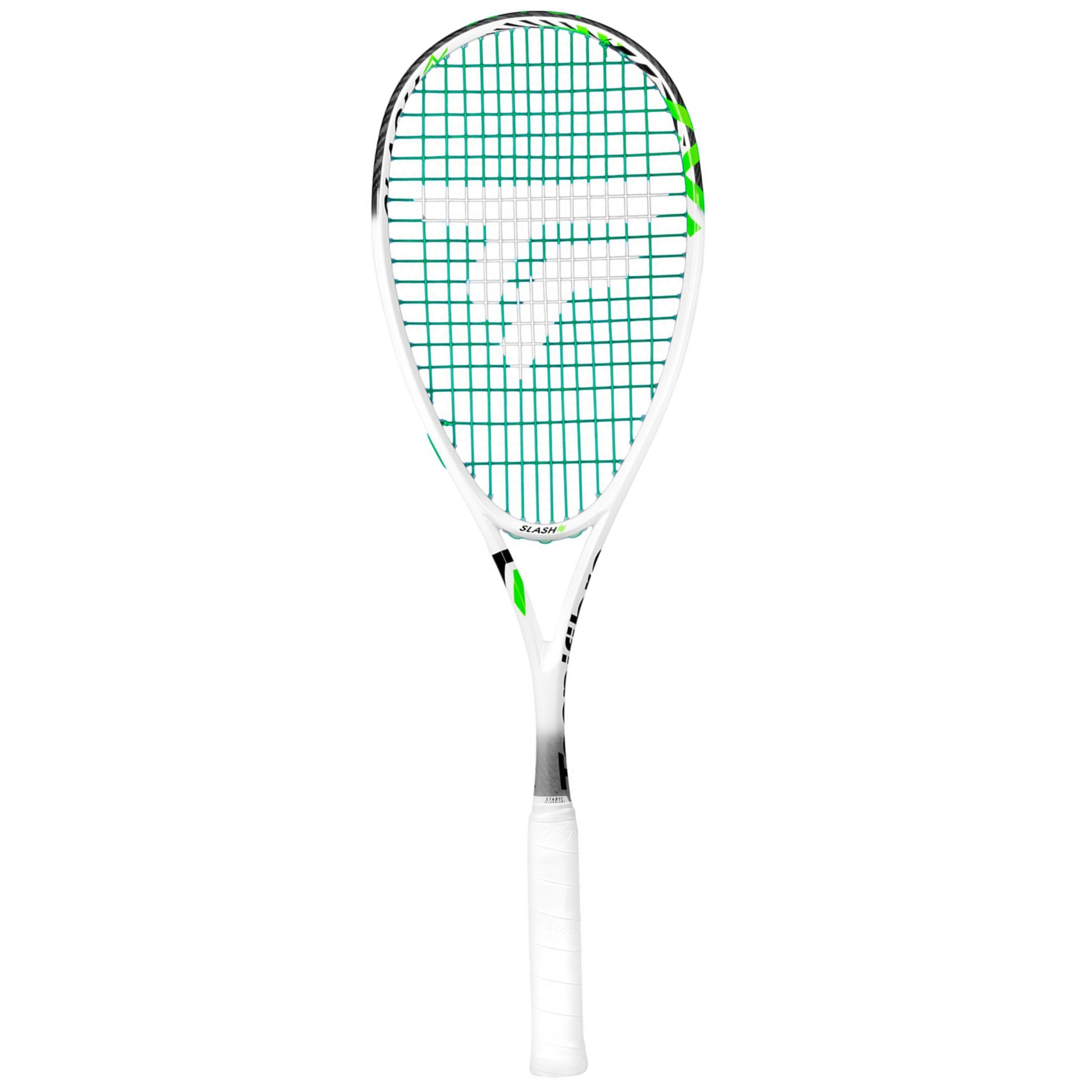 A Tecnifibre squash racket with a white frame, white grip, and green and white strings, shown against a plain white background.