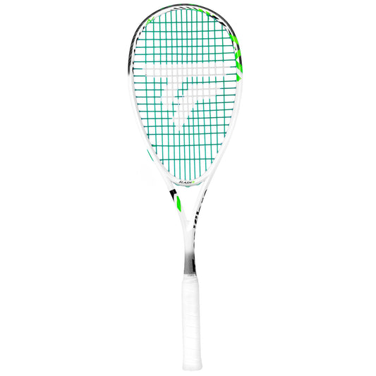 A Tecnifibre squash racket with a white frame, white grip, and green and white strings, shown against a plain white background.