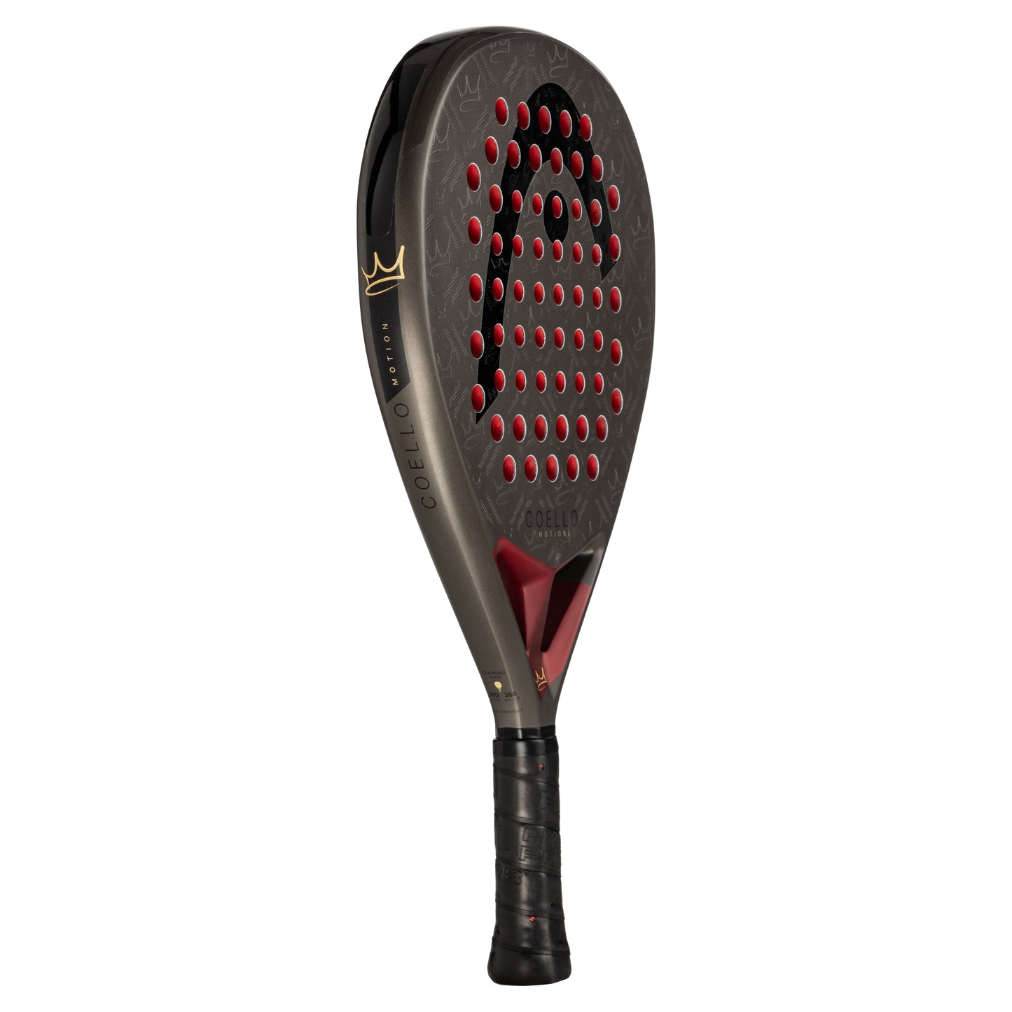 Padel racket with red and black design on a white background