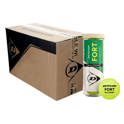Dunlop Fort tennis balls packaging with a box of 72 and a single can on a white background