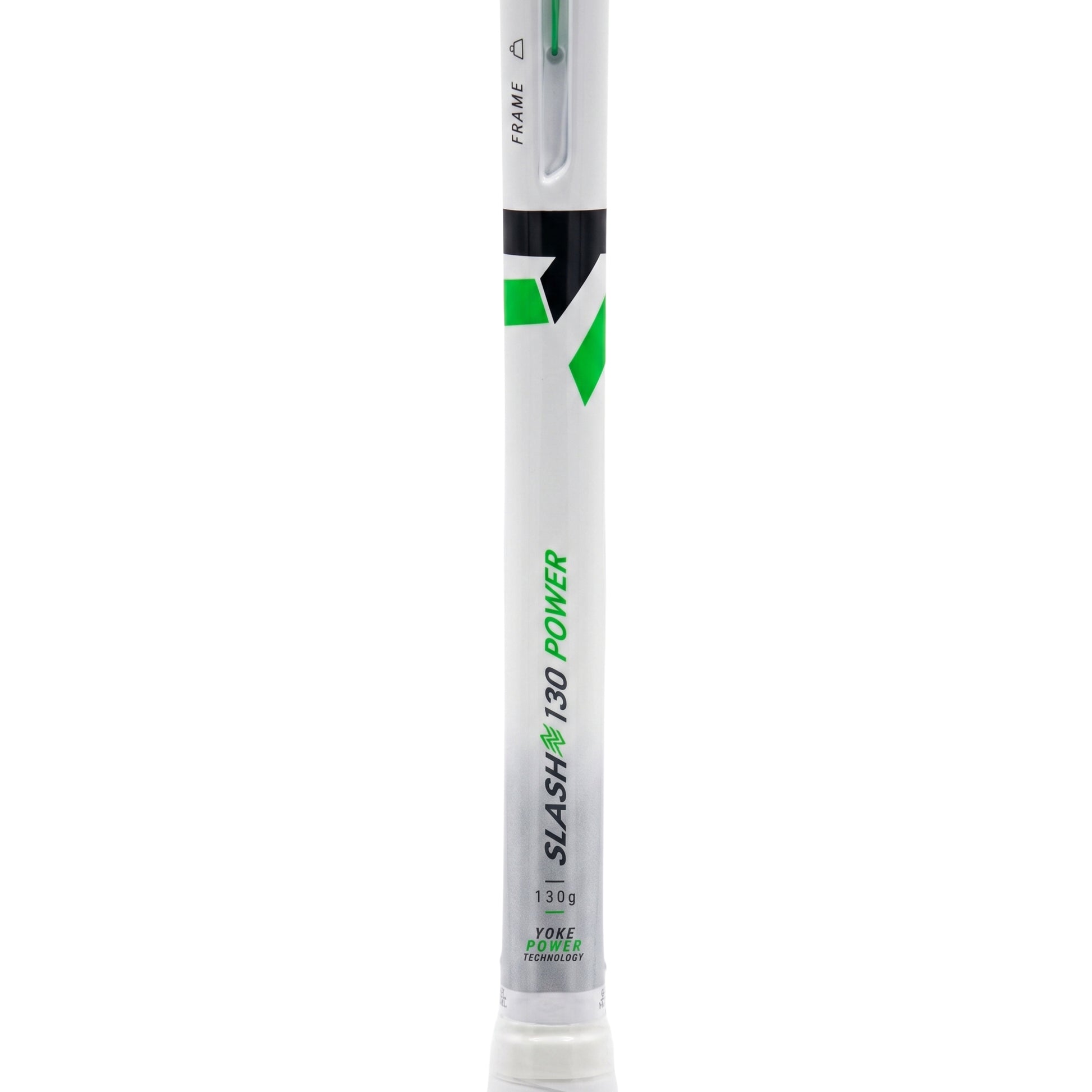 A white and green Tecnifibre SLASH 130 POWER squash racket shown vertically against a plain white background.