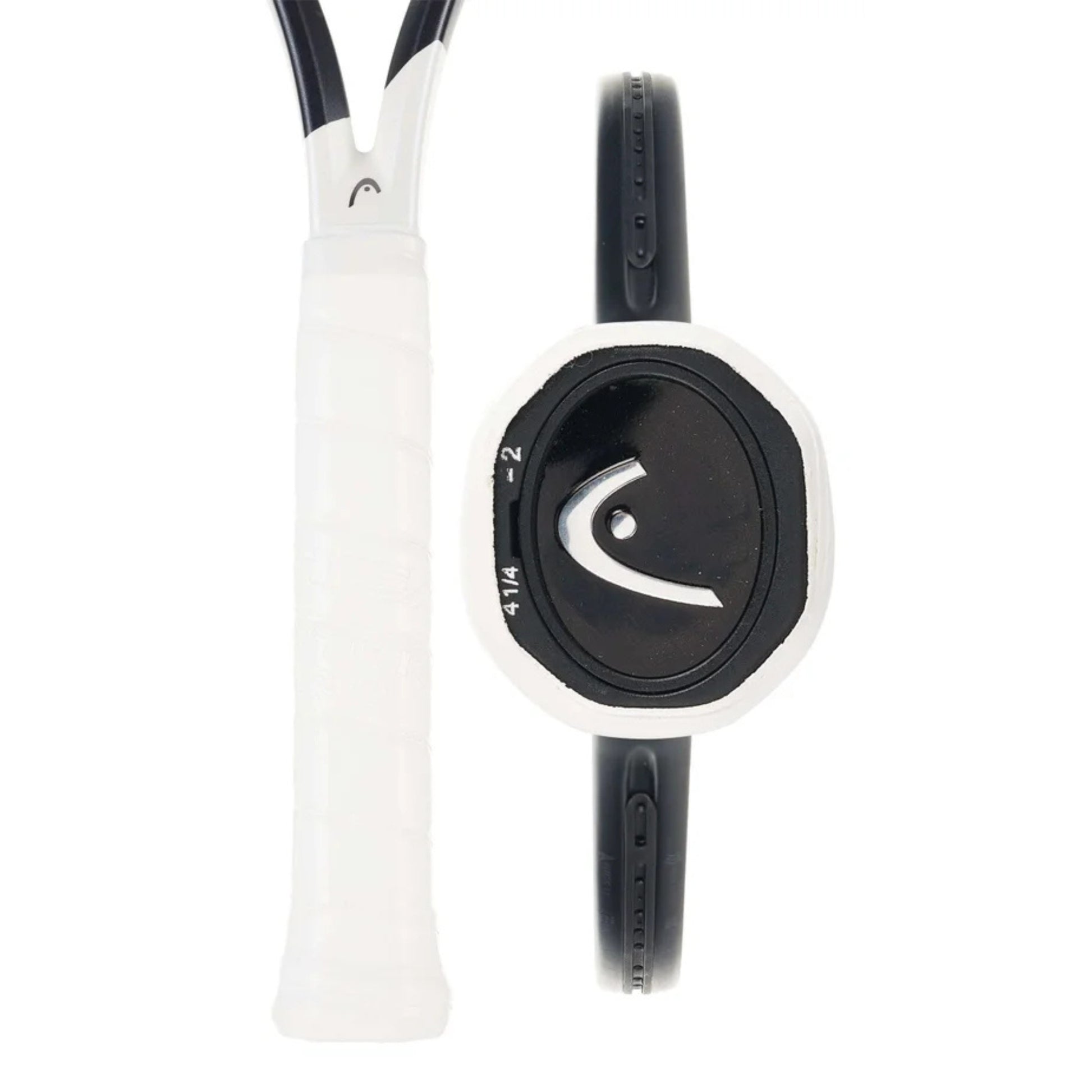 Tennis racket with white handle and black frame on a white background