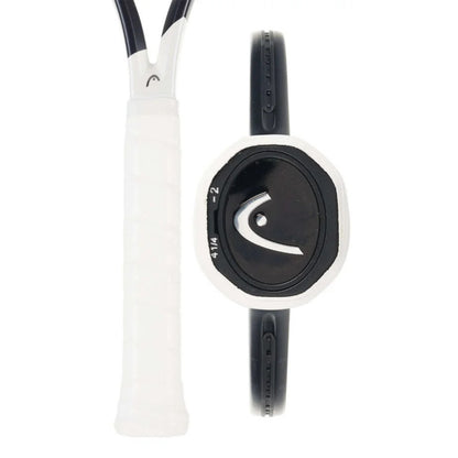 Tennis racket with white handle and black frame on a white background