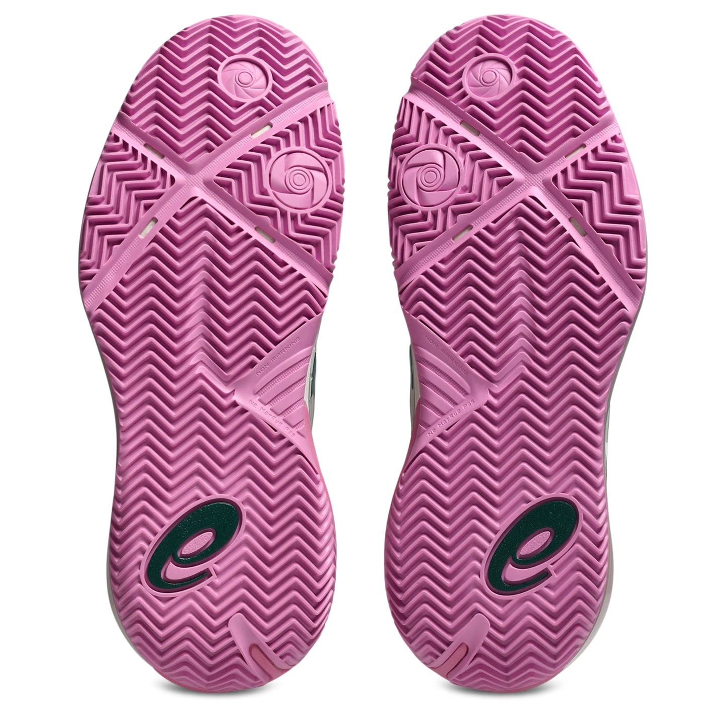The outsoles of a pair of padel shoes, featuring a textured pink and purple chevron pattern with a dark green stylized 'e' logo near the heel.