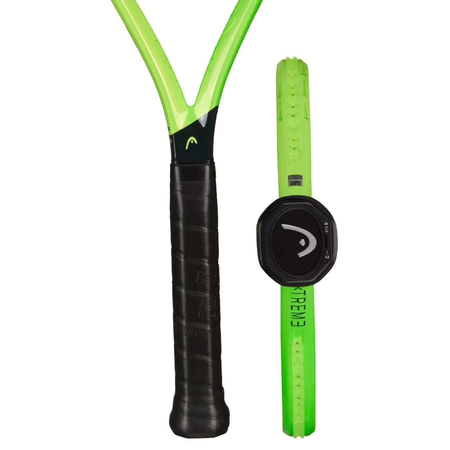 A Head tennis racket shown from the back alongside a matching lime green strap with a black round watch-like connector, on a plain white background.