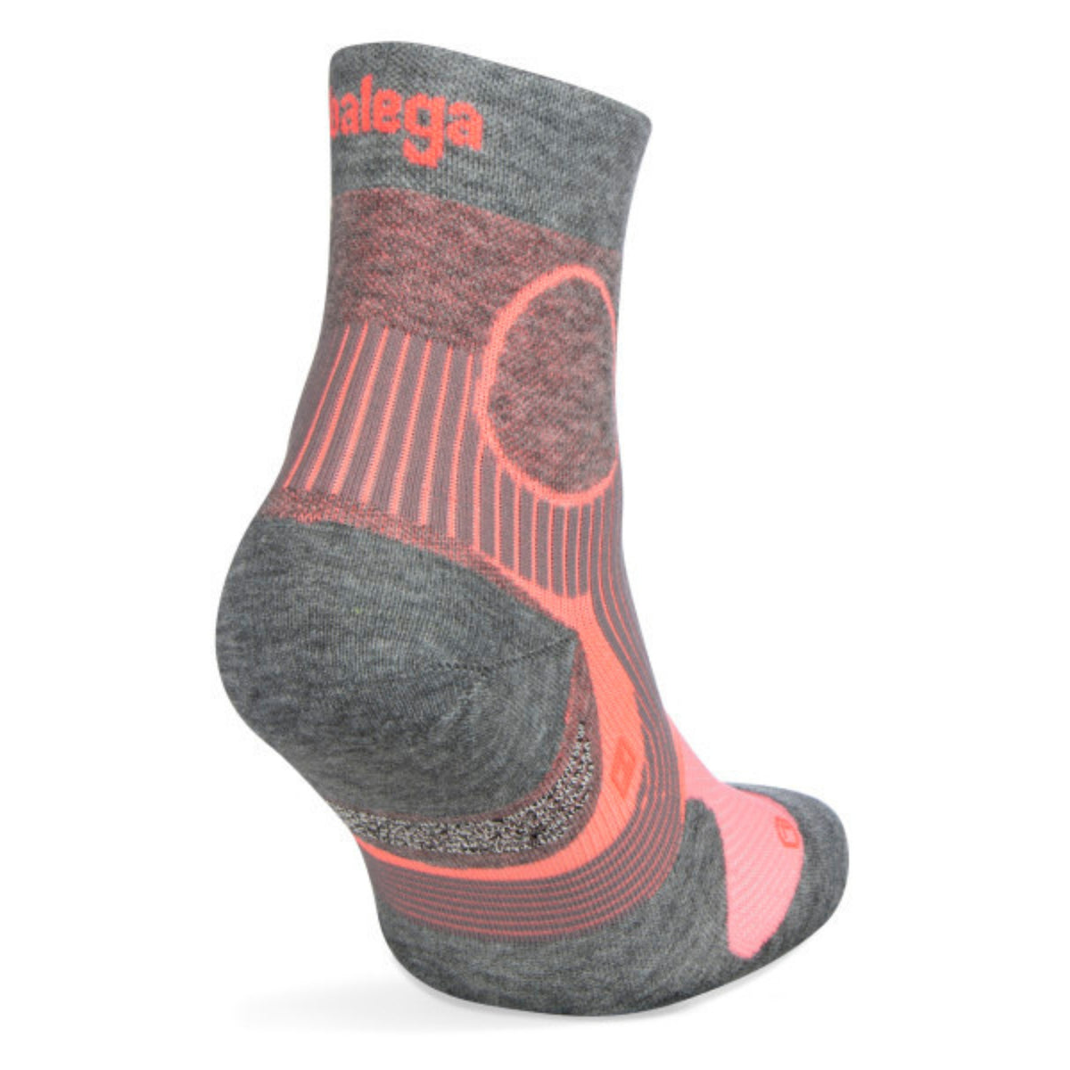 Gray and pink sock with 'Balega' branding on a white background