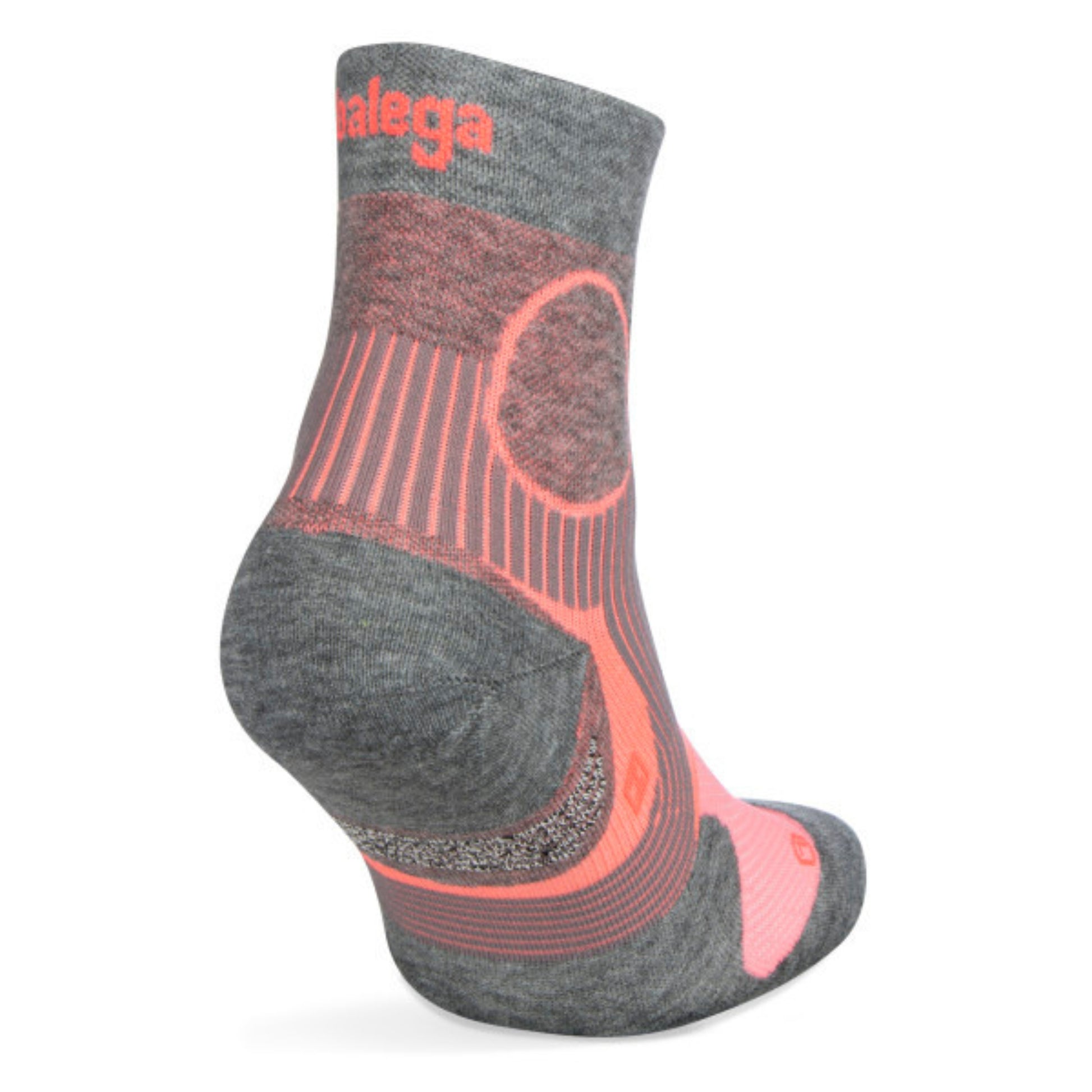Gray and pink sock with 'Balega' branding on a white background