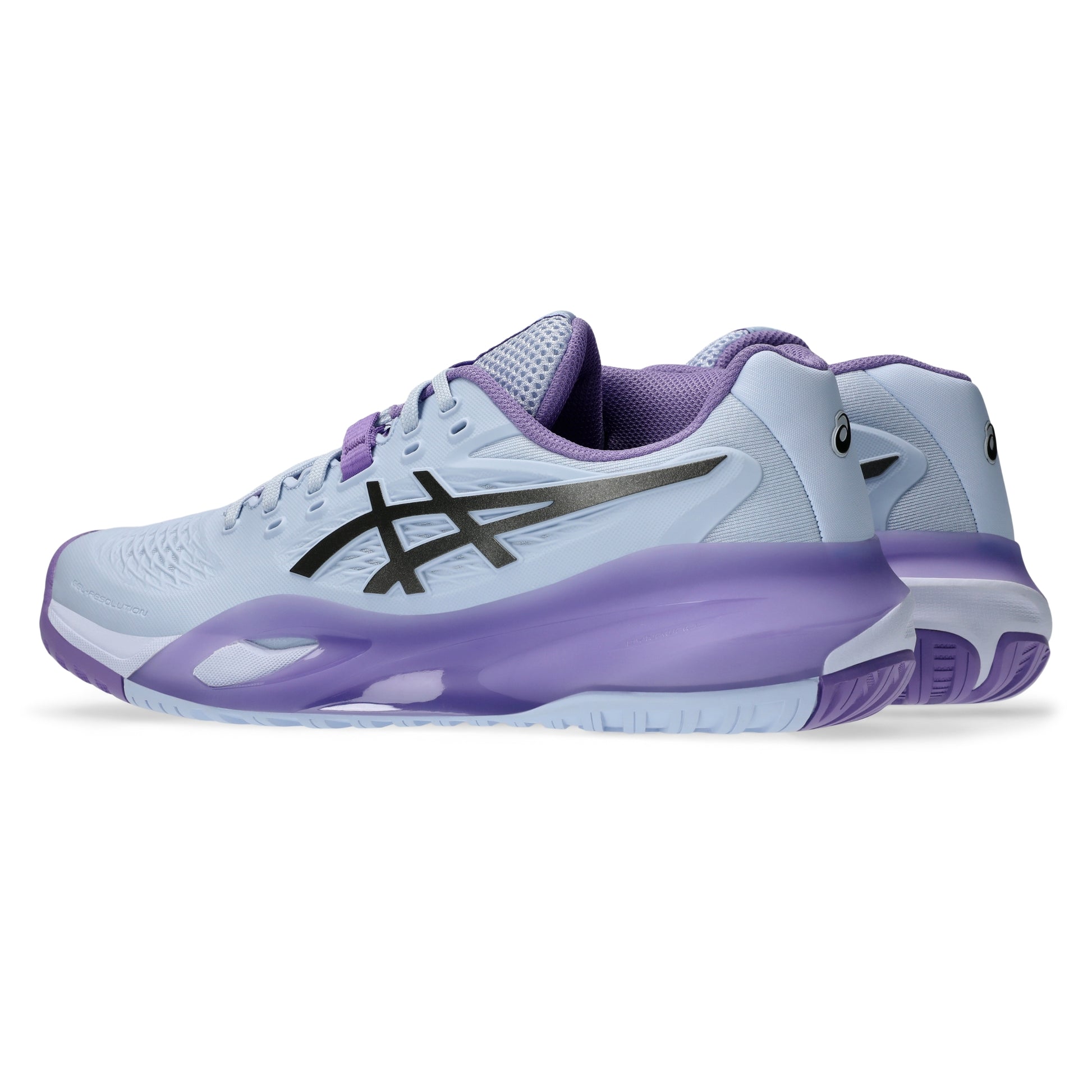 ASICS tennis shoe in light purple and white with a black logo, shown from a side profile view on a white background.