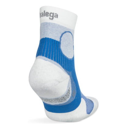 Blue and white sock with 'balega' branding on a white background