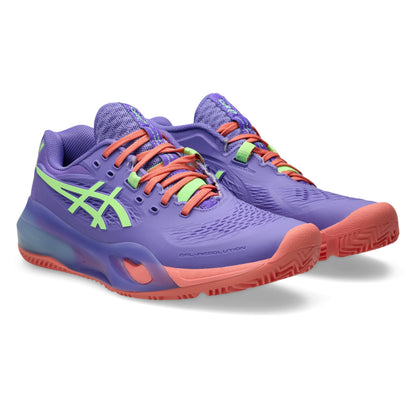 Purple padel shoes with orange and green accents on a white background