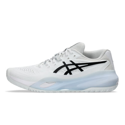 White tennis shoe with black logo on a white background