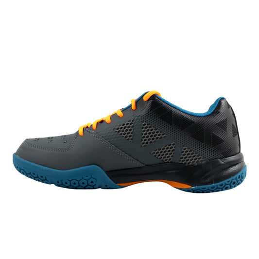 Black squash shoe with orange and blue accents on a white background